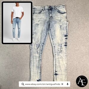 Rue21 Premium Supreme Flex Skinny Jeans Mens 34x32‎ Distressed Acid Wash Blue